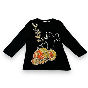 Halloween Knit Top Pumpkins Ghost Sequin Trim Tantrums 100% Cotton Size XL